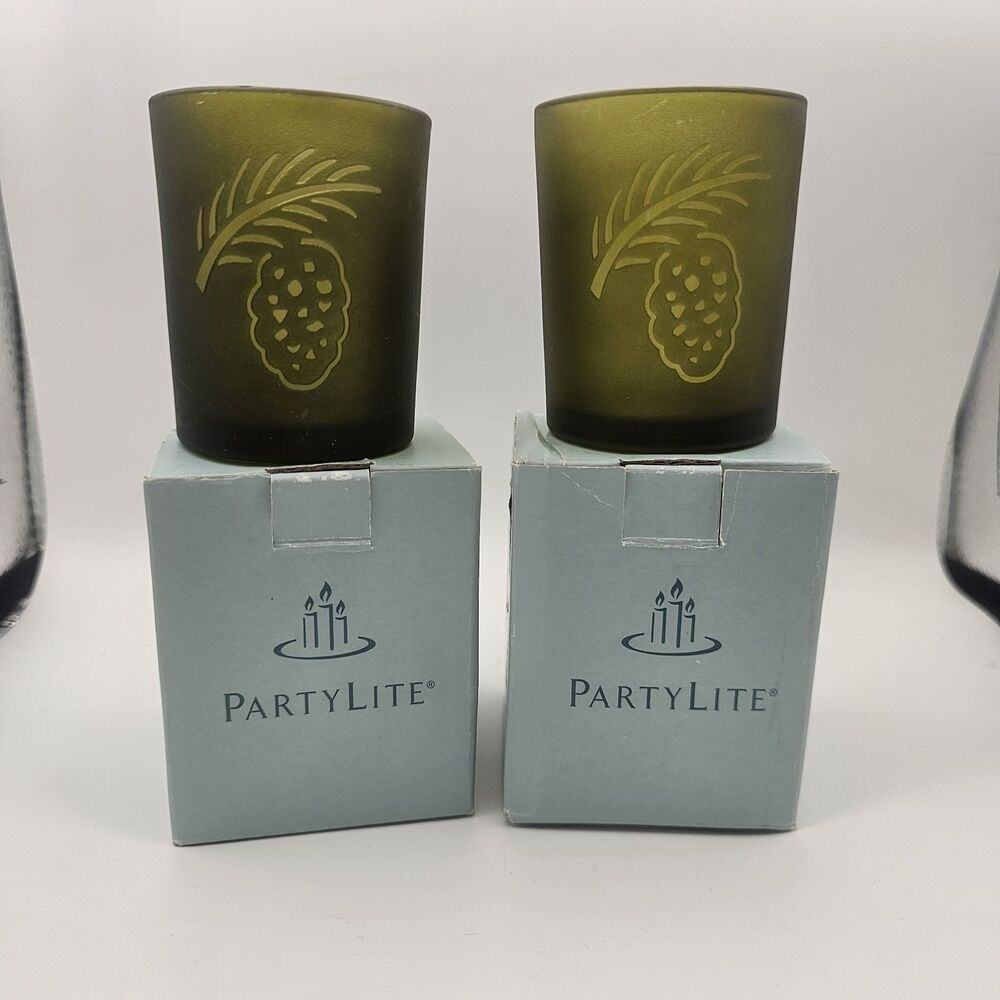 TWO PartyLite Green Frosted Glass Votive Candle Holders W/Pinecone Etching NIB